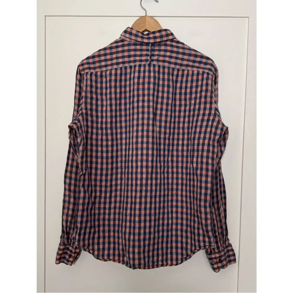 Banana Republic Camden Fit Shirt Men Sz M Blue Pink Check 100% Linen Long Sleeve